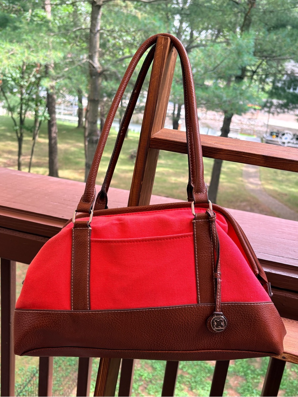Liz Claiborne Red Canvas Shoulder Bag with Brown Leather Trim